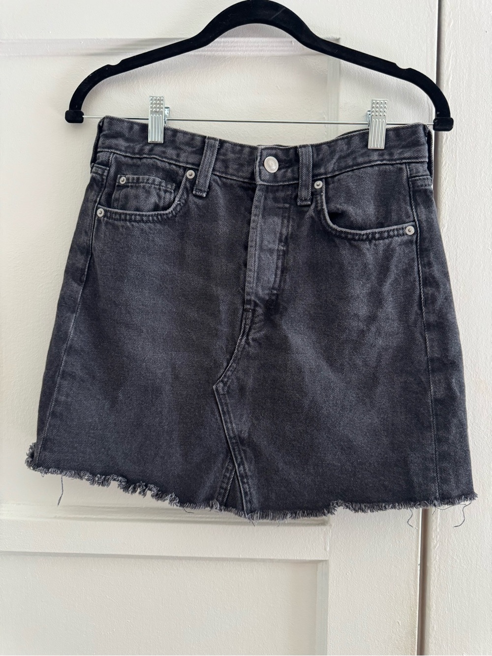 H&M Black Washed Denim Frayed Hem Mini Skirt